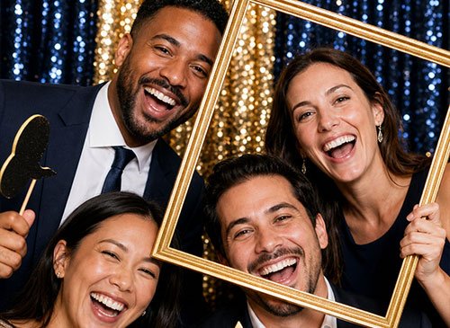 Premium photo booth rental package with custom backdrop and props